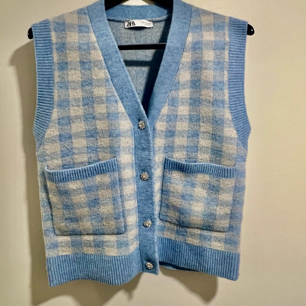Zara Cardigan Vest Gingham Blue Cream V-Neck Crystal Glass Sweater S Small - Picture 4 of 10